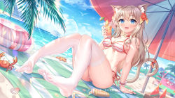 Rule 34 | 1girl, animal ear fluff, animal ears, beach, beach towel, beach umbrella, bikini, blue eyes, blush, brown hair, cat ears, cat girl, cat tail, chinese commentary, choker, commentary request, copyright request, crab, cup, day, feet, flower, food, fruit, full body, hair between eyes, hair flower, hair ornament, halterneck, holding, holding cup, innertube, knees up, long hair, lotion bottle, no shoes, open mouth, outdoors, palm leaf, red choker, red flower, red ribbon, ribbon, sannio, side-tie bikini bottom, sitting, smile, soles, solo, string bikini, striped bikini, striped clothes, swim ring, swimsuit, tail, tail ornament, tail raised, tail ribbon, thighhighs, toes, towel, tropical drink, umbrella, virtual youtuber, watermelon, watermelon slice, white thighhighs