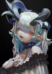 Rule 34 | 1girl, bare shoulders, black background, blue hair, blue nails, chain, choker, curled horns, dress, ear piercing, fingernails, frilled choker, frilled dress, frills, hair between eyes, hair ornament, hair scrunchie, highres, horn piercing, horns, jewelry, jonpei, long fingernails, long hair, looking at viewer, mole, mole under eye, multicolored hair, nail polish, off-shoulder dress, off shoulder, open mouth, original, piercing, pointy ears, red eyes, ring, scrunchie, smile, solo, streaked hair, two-tone hair, two side up, upper body, white hair