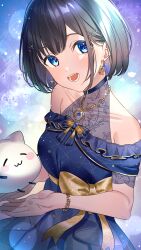 Rule 34 | :3, :d, absurdres, bare shoulders, black hair, blue dress, blue eyes, bracelet, dress, earrings, frilled dress, frills, hair ornament, hairclip, highres, indie virtual youtuber, jewelry, kameria526, la priere, looking at viewer, nayuta (voice actor), necklace, off-shoulder dress, off shoulder, open mouth, sash, see-through, short hair, short sleeves, smile, virtual youtuber, yellow sash