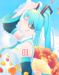 Rule 34 | 1girl, 26tumugi, arm up, blue hair, blue necktie, blue sky, bouquet, breast pocket, closed eyes, collared shirt, detached sleeves, eyelashes, flower, from side, grey shirt, hatsune miku, headset, highres, holding, holding behind back, holding bouquet, long hair, nail polish, necktie, number tattoo, open mouth, orange flower, petals, pocket, red flower, shirt, shoulder tattoo, sky, solo, tattoo, twintails, vocaloid, white nails, yellow flower
