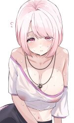 Rule 34 | 1girl, blush, breasts, cleavage, collarbone, commentary request, covered erect nipples, flying sweatdrops, highres, jewelry, large breasts, looking at viewer, medium hair, midriff, navel, necklace, nijisanji, off shoulder, pants, pink eyes, pink hair, see-through, see-through shirt, shiina yuika, shirt, short sleeves, simple background, solo, sweat, sweaty clothes, sweetslove198, virtual youtuber, white background