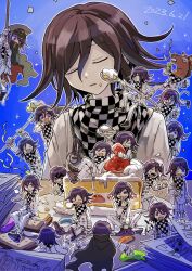 Rule 34 | 6+boys, :d, black cape, blue background, brown hair, cake, cape, checkered clothes, checkered scarf, chibi, crazy eyes, crazy smile, cream, crying, danganronpa (series), danganronpa v3: killing harmony, dated, food, food on face, fork, hair between eyes, highres, holding, holding fork, holding spoon, horse hat, jacket, kumakoro (tetsupag), long sleeves, male focus, multiple boys, multiple persona, oma kokichi, open mouth, pants, paper, purple eyes, scarf, shoes, short hair, sitting, sleeping, smile, spoon, strawberry shortcake, torn cape, torn clothes, white jacket