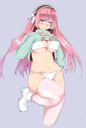 Rule 34 | 1girl, bad id, bad pixiv id, bikini, blush, breasts, cleavage, clothes lift, female focus, headphones, large breasts, long hair, looking at viewer, navel, nitroplus, pink hair, ribbed sweater, smile, solo, super sonico, sweater, sweater lift, swimsuit, thighhighs, turtleneck, yoiyoi (yoiyoi-chan)