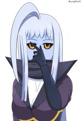 Rule 34 | 1girl, ahoge, black gloves, black sclera, blue skin, cape, colored sclera, colored skin, dullahan, gloves, highres, huge ahoge, lala (monster musume), leafy bow, long hair, looking at viewer, monster musume no iru nichijou, scarf, simple background, upper body, white background, white hair, yellow eyes