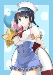 Rule 34 | 1girl, armlet, balloon, bare shoulders, black hair, blue eyes, blue sailor collar, blue skirt, blush, braid, breasts, buttons, double-breasted, fate/grand order, fate (series), hat, highres, innertube, kino kokko, looking at viewer, low twin braids, medium breasts, medium hair, multicolored hair, one-piece swimsuit, pink hair, sailor collar, sailor hat, sidelocks, skirt, solo, streaked hair, swim ring, swimsuit, thighs, twin braids, utsumi erice, utsumi erice (swimsuit avenger), utsumi erice (swimsuit avenger) (second ascension), white hat, white swimsuit