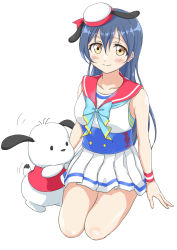 Rule 34 | 1girl, animal hat, blue hair, blush, closed mouth, collarbone, commentary request, cosplay, dog hat, hair between eyes, hat, highres, long hair, looking at viewer, love live!, love live! school idol festival, love live! school idol project, pleated skirt, pochacco, sailor collar, sanrio, seiza, simple background, sitting, skirt, sleeveless, smile, sonoda umi, tetopetesone, white background, white skirt, wristband, yellow eyes