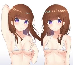 Rule 34 | 1girl, 2girls, arm up, armpits, bad id, bad pixiv id, bare arms, bare shoulders, bikini, blunt bangs, blush, breasts, brown hair, cleavage, closed mouth, collarbone, commentary, gradient background, grey background, head tilt, highres, long hair, looking at viewer, medium breasts, micro bikini, multiple girls, original, purple eyes, seventeen (st17215), swimsuit, tongue, tongue out, upper body, white background, white bikini