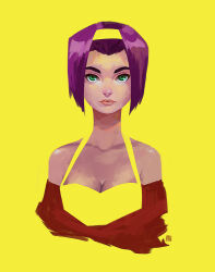 Rule 34 | 1girl, artist logo, bare shoulders, blending, bob cut, breasts, cleavage, collarbone, commentary, cowboy bebop, cropped torso, dress, english commentary, green eyes, hair pulled back, hairband, halterneck, jeffry mazon, lips, lipstick, looking at viewer, makeup, medium breasts, negative space, nose, off shoulder, pink lips, purple hair, red shirt, second-party source, shirt, short hair, simple background, sleeveless, sleeveless dress, solo, thick eyebrows, upper body, upturned eyes, yellow background, yellow dress, yellow hairband