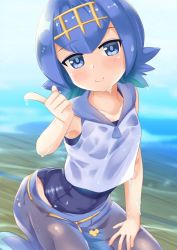 Rule 34 | 1girl, alternate color, blue eyes, blue hair, blue sailor collar, collarbone, creatures (company), game freak, hairband, hand on own knee, head tilt, index finger raised, kneeling, lana (pokemon), looking at viewer, niiya, nintendo, one-piece swimsuit, pokemon, pokemon sm, sailor collar, short hair, sleeveless, smile, solo, swimsuit, swimsuit under clothes, water, wet, wet clothes