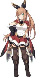 Rule 34 | 1girl, belt, black gloves, black ribbon, black thighhighs, blush, breasts, cape, clarisse (granblue fantasy), closed mouth, full body, gloves, granblue fantasy, green eyes, hair ribbon, hand on own hip, large breasts, long hair, looking at viewer, orange hair, ponytail, red cape, red skirt, ribbed shirt, ribbon, shirt, shiseki hirame, short hair, simple background, skirt, solo, split mouth, swept bangs, thighhighs, white background