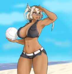 Rule 34 | 1girl, abs, absurdres, armpits, asura senki, ball, beach, black shorts, blue sky, breast pocket, breasts, cleavage, dark-skinned female, dark skin, day, glasses, grey-framed eyewear, hair between eyes, halterneck, headgear, highres, holding, holding ball, huge breasts, kantai collection, large breasts, micro shorts, musashi (kancolle), muscular, muscular female, narrow waist, navel, ocean, open mouth, platinum blonde hair, pocket, red eyes, semi-rimless eyewear, shading eyes, shorts, sideboob, silver hair, sky, solo, standing, stomach, thick thighs, thighs, two side up, under-rim eyewear, volleyball, volleyball (object)