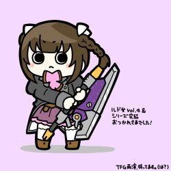 Rule 34 | 1girl, :&lt;, assault lily, black jacket, blunt bangs, blush, boots, brown footwear, brown hair, chibi, closed mouth, commentary, full body, hair ribbon, hands up, highres, holding, holding weapon, jacket, juliet sleeves, kishimoto lucia raimu, konpeitoull (c12h22o11 tr 6), long sleeves, looking at viewer, ludvico private girls&#039; academy school uniform, medium hair, miniskirt, pink skirt, puffy sleeves, purple background, ribbon, school uniform, simple background, skirt, solid circle eyes, solo, standing, thighhighs, translation request, twintails, two-handed, v-shaped eyebrows, weapon, white ribbon, white thighhighs