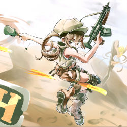 Rule 34 | 1girl, artist request, bare shoulders, blonde hair, boots, cloud, cloudy sky, fio germi, from behind, glasses, granade, gun, hat, hill, jacket, long hair, metal slug, ponytail, sand, shorts, sky, sleeveless, sleeves past wrists, weapon