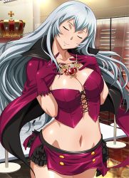 Rule 34 | 1girl, breasts, capelet, chouun shiryuu, cleavage, cowboy shot, closed eyes, hair between eyes, highres, ikkitousen, indoors, jewelry, large breasts, long hair, miniskirt, navel, necklace, purple capelet, skirt, smile, solo, standing, stomach, very long hair, white hair