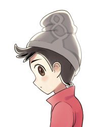 Rule 34 | 1boy, beanie, blush, brown eyes, brown hair, cable knit, chirosamu, commentary request, creatures (company), from side, game freak, grey hat, hat, highres, korean commentary, looking at viewer, looking to the side, male focus, nintendo, parted lips, pokemon, pokemon swsh, red shirt, shirt, simple background, solo, upper body, victor (pokemon), white background