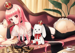 Rule 34 | 1girl, bare shoulders, black dress, black gloves, black thighhighs, blunt bangs, board game, breasts, card, chess, chess piece, chessboard, cleavage, collarbone, couch, crown, cup, curtains, dress, earrings, garter straps, gloves, hoop earrings, indoors, jewelry, lace trim, long hair, lying, medium breasts, off-shoulder dress, off shoulder, on stomach, original, pillow, pink hair, plant, playing card, red eyes, sarablanche, side slit, smile, solo, stuffed animal, stuffed rabbit, stuffed toy, table, teacup, thighhighs, twitter username