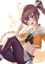 Rule 34 | 1girl, ahoge, asymmetrical hair, athenawyrm, black camisole, black pantyhose, blue eyes, blush, brown hair, camisole, cat hair ornament, commentary, cropped jacket, ebi frion (natsuiro matsuri), flat chest, hair ornament, hair ribbon, highres, hololive, jacket, looking at viewer, medium hair, midriff, miniskirt, natsuiro matsuri, natsuiro matsuri (1st costume), navel, off-shoulder jacket, off shoulder, one eye closed, open mouth, orange jacket, pantyhose, pleated skirt, ribbon, side ponytail, simple background, skirt, smile, solo, sparkle, symbol-only commentary, v, virtual youtuber, white background, white skirt