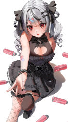 Rule 34 | 1girl, absurdres, bandaid, bandaid hair ornament, bandaid on arm, belt, black belt, black bow, black dress, black footwear, black hair, black thighhighs, bow, breasts, cadorunrun, cleavage, cleavage cutout, clothing cutout, dress, drill hair, fishnet thighhighs, fishnets, frilled dress, frills, grey hair, hair bow, hair ornament, heart belt, heart cutout, highres, hololive, large breasts, looking at viewer, medium hair, multicolored hair, official alternate costume, open mouth, red eyes, sakamata chloe, sakamata chloe (jirai kei), shoes, sleeveless, sleeveless dress, smile, solo, streaked hair, thigh strap, thighhighs, twin drills, virtual youtuber, white background, x hair ornament