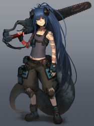 Rule 34 | 1girl, arm tattoo, baggy pants, belt, belt pouch, black horns, blood, blue gloves, blue hair, boots, chainsword, commission, fingerless gloves, flat chest, full body, gloves, glowing tattoo, gradient background, grey background, grey shorts, grey tank top, hetza (hellshock), horns, long hair, looking at viewer, original, pants, ponytail, pouch, purple eyes, shorts, smile, solo, standing, tail, tank top, tattoo, very long hair