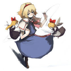 Rule 34 | 1girl, alice margatroid, blonde hair, blue dress, capelet, doll, dress, female focus, flying, hairband, kasa (hitori sanka), looking at viewer, shanghai doll, short hair, simple background, size difference, solo, touhou, white background