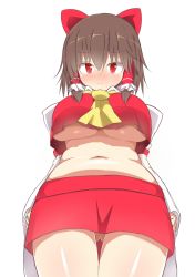 Rule 34 | 1girl, akabeco, ascot, blush, bow, breasts, brown hair, cookie (touhou), detached sleeves, gluteal fold, hair bow, hair tubes, hakurei reimu, highres, large breasts, looking at viewer, midriff, navel, no bra, red bow, red eyes, reu (cookie), sidelocks, simple background, solo, thigh gap, touhou, underboob, white background