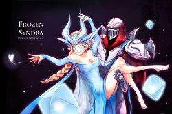 Rule 34 | 1boy, 1girl, armor, bare shoulders, barefoot, beancurd, breasts, carrying, cleavage, closed mouth, collarbone, cosplay, crossover, elsa (frozen) (cosplay), frozen (disney), highres, league of legends, long sleeves, parody, princess carry, sweat, syndra, zed (league of legends)