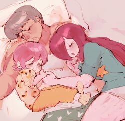 1boy 2girls adam_kapowski alternate_costume bed blush closed_eyes grey_hair long_hair lying lyong maisujim multiple_girls pajamas parasoul_(skullgirls) pillow pink_hair red_hair shirt short_hair skullgirls sleeping socks t-shirt umbrella_(skullgirls)