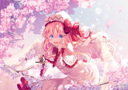 Rule 34 | 1girl, alternate wings, arms up, bird, blonde hair, blue eyes, blue sky, blurry, bokeh, branch, capelet, cherry blossoms, commentary request, day, depth of field, eurasian tree sparrow, feathered wings, floating, frilled capelet, frilled sleeves, frills, hair between eyes, hand on own cheek, hand on own face, hat, hat ribbon, highres, kemo chiharu, leaning forward, lens flare, lily white, long sleeves, looking at viewer, open mouth, outdoors, ribbon, shirt, sidelocks, signature, skirt, sky, solo, sparrow, spring (season), touhou, transparent wings, white capelet, white hat, white shirt, white skirt, wide sleeves, wings