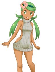 Rule 34 | 1girl, :d, alternate color, alternate costume, areola slip, arms at sides, artist request, backless outfit, bare arms, bare legs, bare shoulders, blush stickers, breasts, covered erect nipples, creatures (company), dark-skinned female, dark skin, dress, feet out of frame, flower, game freak, green eyes, green hair, grey sweater, hair flower, hair ornament, highres, long hair, looking at viewer, low twintails, mallow (pokemon), medium breasts, meme attire, nintendo, open mouth, pokemon, pokemon sm, round teeth, simple background, sleeveless, sleeveless turtleneck, smile, solo, standing, sweater, sweater dress, swept bangs, tareme, teeth, thighs, tof, turtleneck, twintails, virgin killer sweater, white background