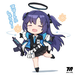 Rule 34 | 1girl, :d, azumi akitake, black footwear, black jacket, black skirt, blue archive, blush, chibi, closed eyes, gun, halo, jacket, long hair, long sleeves, open clothes, open mouth, purple hair, shirt, sig sauer, sig mpx, simple background, skirt, smile, solo, standing, standing on one leg, submachine gun, two side up, very long hair, weapon, white background, white shirt, yuuka (blue archive)