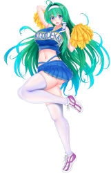 Rule 34 | 1girl, absurdres, arm up, armpits, ass, blue eyes, blue skirt, breasts, cheering, cheerleader, clothes writing, crop top, crop top overhang, frog hair ornament, ganbare ganbare (itou life), green hair, hair ornament, hair tubes, highres, holding, holding pom poms, kochiya sanae, kou (inaba), large breasts, long hair, long legs, midriff, miniskirt, navel, open mouth, pleated skirt, pom pom (cheerleading), pom poms, purple footwear, shirt, shoes, skirt, sleeveless, sleeveless shirt, smile, snake hair ornament, sneakers, solo, standing, standing on one leg, sugoi dekai, thick thighs, thighhighs, thighs, touhou, white background, white footwear, white thighhighs