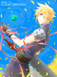 Rule 34 | 1boy, armor, bandages, belt, birthday, blonde hair, blue eyes, blue pants, blue shirt, brown gloves, buster sword, cloud strife, earrings, falling petals, final fantasy, final fantasy vii, gloves, jewelry, male focus, materia, pants, petals, ribbon, shirt, shoulder armor, simple background, solo, spiked hair, square enix, suspenders, sword, turtleneck, weapon, zamaaaaa