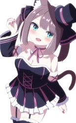 Rule 34 | 1girl, :d, animal ear fluff, animal ears, ashitaba kemo, bare shoulders, black dress, black hat, black ribbon, black sleeves, black thighhighs, blue eyes, blush, breasts, brown hair, cat ears, cat girl, cat tail, choker, cleavage, commentary request, detached sleeves, dress, ero lolita, fang, frilled sleeves, frilled thighhighs, frills, garter straps, goth fashion, gothic lolita, hair ribbon, hand up, hat, highres, lolita fashion, long sleeves, looking at viewer, medium breasts, mini hat, mini top hat, neck ribbon, open mouth, original, pink choker, pink ribbon, pleated dress, ribbon, simple background, smile, solo, strapless, strapless dress, tail, thighhighs, tilted headwear, top hat, twintails, white background, wide sleeves