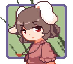 Rule 34 | 1girl, animal ears, black hair, carrot necklace, closed mouth, floppy ears, green background, inaba tewi, jewelry, looking at viewer, lowres, necklace, one-hour drawing challenge, pixel art, poropo1133, rabbit ears, rabbit girl, red eyes, short hair, solo, touhou