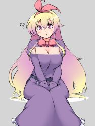 Rule 34 | 100 percent orange juice, 1girl, alicianrone, alicianrone (orange juice), artist request, blonde hair, blush, breasts, cleavage, dress, highres, long hair, looking at viewer, open mouth, purple dress, purple eyes, solo