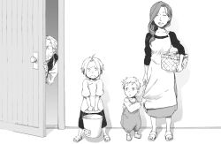 Rule 34 | 1girl, 3boys, :o, ^ ^, alphonse elric, antenna hair, apron, bad id, bad pixiv id, basket, breasts, brothers, bucket, closed eyes, couple, door, dress, edward elric, closed eyes, family, father and son, full body, fullmetal alchemist, glasses, graphite (medium), greyscale, holding hands, happy, height difference, hetero, holding finger, indoors, long hair, long sleeves, looking at another, looking at viewer, monochrome, mother and son, multiple boys, open mouth, overalls, ponytail, sandals, serious, short hair, shorts, siblings, smile, spread legs, standing, tame, traditional media, trisha elric, van hohenheim, aged down