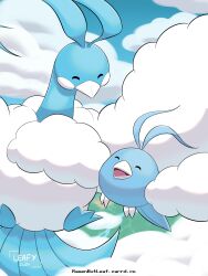 Rule 34 | ^ ^, absurdres, antenna hair, bird, closed eyes, cloud, commentary, creatures (company), dated, day, evolutionary line, fluffy, flying, game freak, gen 3 pokemon, highres, nintendo, open mouth, outdoors, pokemon, ramen (ramenbutleaf), signature, smile, swablu, watermark, web address