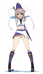 Rule 34 | 1girl, :d, alternate costume, armpits, arms up, black eyes, blush, boots, closed umbrella, cross-laced footwear, detached sleeves, female focus, full body, grey hair, hat, hyouju issei, lace-up boots, looking at viewer, midriff, mononobe no futo, navel, open mouth, ponytail, race queen, simple background, smile, solo, tate eboshi, thighs, touhou, umbrella