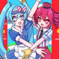 Rule 34 | 2girls, apron, black necktie, blue dress, blue eyes, blue hair, blue nails, bow, buttons, collared shirt, commentary, diagonal-striped bow, double-breasted, dress, drill hair, flat chest, floral ice, frilled apron, frills, gloves, hair between eyes, hair intakes, hat, hatsune miku, kasane teto, long hair, mesmerizer (vocaloid), multiple girls, necktie, open mouth, pants, pink hair, pink pants, puffy short sleeves, puffy sleeves, red eyes, red hat, shirt, short sleeves, smile, sparkling eyes, striped clothes, striped dress, striped shirt, suspenders, twin drills, twintails, v-shaped eyebrows, vertical-striped clothes, vertical-striped dress, vertical-striped shirt, visor cap, vocaloid, waist apron, waitress, white apron, white shirt, wrist cuffs, yellow gloves