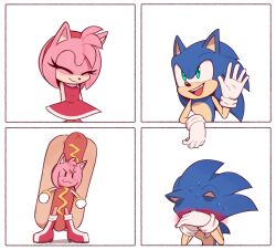 Rule 34 | 1boy, 1girl, amy rose, animal ears, animal nose, bare shoulders, black eyes, blue fur, boots, bracelet, breasts, closed eyes, closed mouth, covering own eyes, dress, eyelashes, fang, food costume, full body, furry, furry female, furry male, gloves, gold bracelet, hairband, hand up, hands up, hedgehog, hedgehog ears, hedgehog girl, highres, jewelry, looking at another, medium breasts, open mouth, pink fur, red dress, red footwear, red hairband, simple background, sleeveless, sleeveless dress, smile, sonic (series), sonic the hedgehog, standing, sweat, teeth, tongue, toonsite, upper body, v-shaped eyebrows, white background, white gloves
