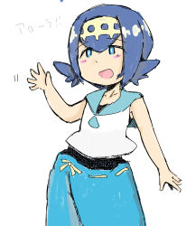 Rule 34 | 1girl, absurdres, artist request, blue eyes, blue hair, blue pants, blue sailor collar, blush, capri pants, child, collarbone, creatures (company), female focus, flat chest, game freak, hair ornament, half-closed eyes, hand up, headband, highres, lana (pokemon), matching hair/eyes, nintendo, open mouth, pants, pokemon, pokemon sm, sailor collar, shirt, short hair, simple background, sketch, sleeveless, sleeveless shirt, smile, solo, standing, text focus, translated, waving, white background, white shirt