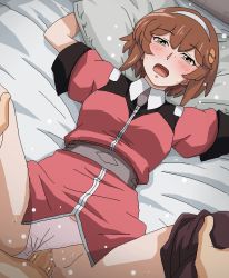 Rule 34 | 1boy, 1girl, bed, blush, brown hair, censored, clothed sex, clothing aside, gundam, hairband, juno astarte, lying, missionary, on back, open mouth, panties, panties aside, penis, pillow, pussy, sd gundam battle alliance, sex, solo focus, spread legs, tomu (tomubobu), underwear, vaginal, yellow eyes