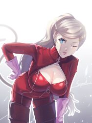 Rule 34 | 1girl, alternate hairstyle, bent over, blonde hair, blue eyes, bodysuit, breasts, cat tail, cleavage, corner50777313, earrings, gloves, hand on own hip, high ponytail, highres, jewelry, large breasts, long hair, looking at viewer, one eye closed, parted lips, persona, persona 5, pink gloves, red bodysuit, solo, stud earrings, tail, takamaki anne, very long hair, zipper
