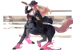 Rule 34 | 1girl, alternate costume, arm up, belt, black belt, black choker, black coat, black corset, black hat, breasts, centaur, choker, cleavage, coat, collarbone, commentary request, corset, cowboy hat, full body, gun, hat, highres, holding, holding gun, holding rope, holding weapon, hololive, hololive english, horse tail, large breasts, long hair, monster girl, monsterification, mori calliope, mori calliope (sheriff), multiple legs, old-night, open clothes, open coat, parted lips, pink hair, red eyes, rope, shirt, solo, standing, tail, taur, virtual youtuber, weapon, white shirt