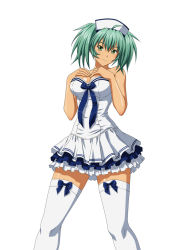 Rule 34 | 1girl, ahoge, alternate costume, aqua hair, bare arms, bare shoulders, blue bow, blush, bow, breasts, cleavage, curvy, dark-skinned female, dark skin, dress, eyebrows hidden by hair, eyes visible through hair, female focus, frilled dress, frills, green eyes, hair between eyes, hands on own chest, head tilt, ikkitousen, large breasts, looking at viewer, neck, ryofu housen, short dress, short hair, simple background, smile, solo, standing, strapless, strapless dress, thick thighs, thighhighs, thighs, twintails, white background, white dress, white thighhighs