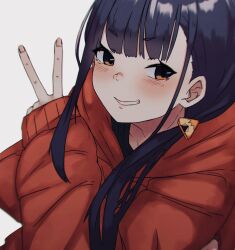 Rule 34 | 1girl, absurdres, blue hair, blush, brown eyes, commentary request, grin, hair ornament, hair over shoulder, hand up, highres, hood, hood down, long hair, long sleeves, no eyewear, oogaki chiaki, r-man, red hood, simple background, sleeves past wrists, smile, solo, upper body, v, white background, yurucamp