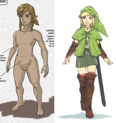 Rule 34 | 1boy, 1girl, abs, arms at sides, artbook, barefoot, belt, belt buckle, blonde hair, blue eyes, boots, brown footwear, buckle, bulge, cloak, closed mouth, clothed female nude male, collarbone, concept art, crotch, english text, feet, full body, gluteal fold, green cloak, green hood, hat, hood, hood up, hyrule warriors, jewelry, knee boots, leather, leather boots, legs, link, linkle, looking to the side, medium hair, navel, necklace, nintendo, no nipples, no penis, no testicles, nude, official art, pectorals, pectorals, pointy ears, shadow, sheath, shirt, skirt, smile, standing, stomach, teeth, the legend of zelda, the legend of zelda: breath of the wild, thighs, third-party edit, vambraces, walking, white shirt