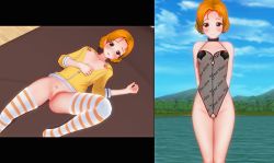Rule 34 | 1girl, black one-piece swimsuit, blue eyes, blush, bottomless, breasts, censored, girls und panzer, hood, hoodie, mosaic censoring, multiple views, nipples, no bra, no panties, one-piece swimsuit, open clothes, orange hair, orange pekoe (girls und panzer), pussy, pussy cutout, small breasts, swimsuit