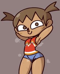 Rule 34 | 1girl, animal crossing, armpits, arms behind head, arms up, blue shorts, blush, breasts, brown eyes, brown hair, dark skin, grey background, long hair, looking at viewer, medium breasts, nintendo, red shirt, shirt, shorts, sleeveless, smile, standing, steam, sweat, tank top, twintails, vilepluff, villager (animal crossing)