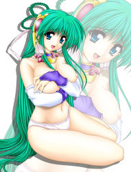 Rule 34 | 1990s (style), 1girl, absurdres, blue eyes, breast hold, breasts, can can bunny, can can bunny extra, elbow gloves, gloves, green hair, highres, large breasts, long hair, nipples, panties, solo, swatty, tomoya kankurou, topless, underwear, zoom layer